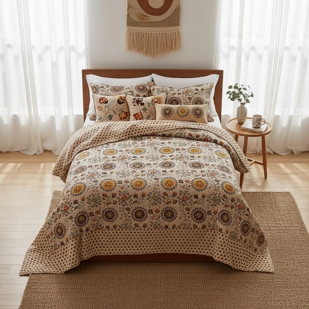 NEW Anthropologie Multicolor Retro Boho Quilt Bedspread Bedding & Sham Set
